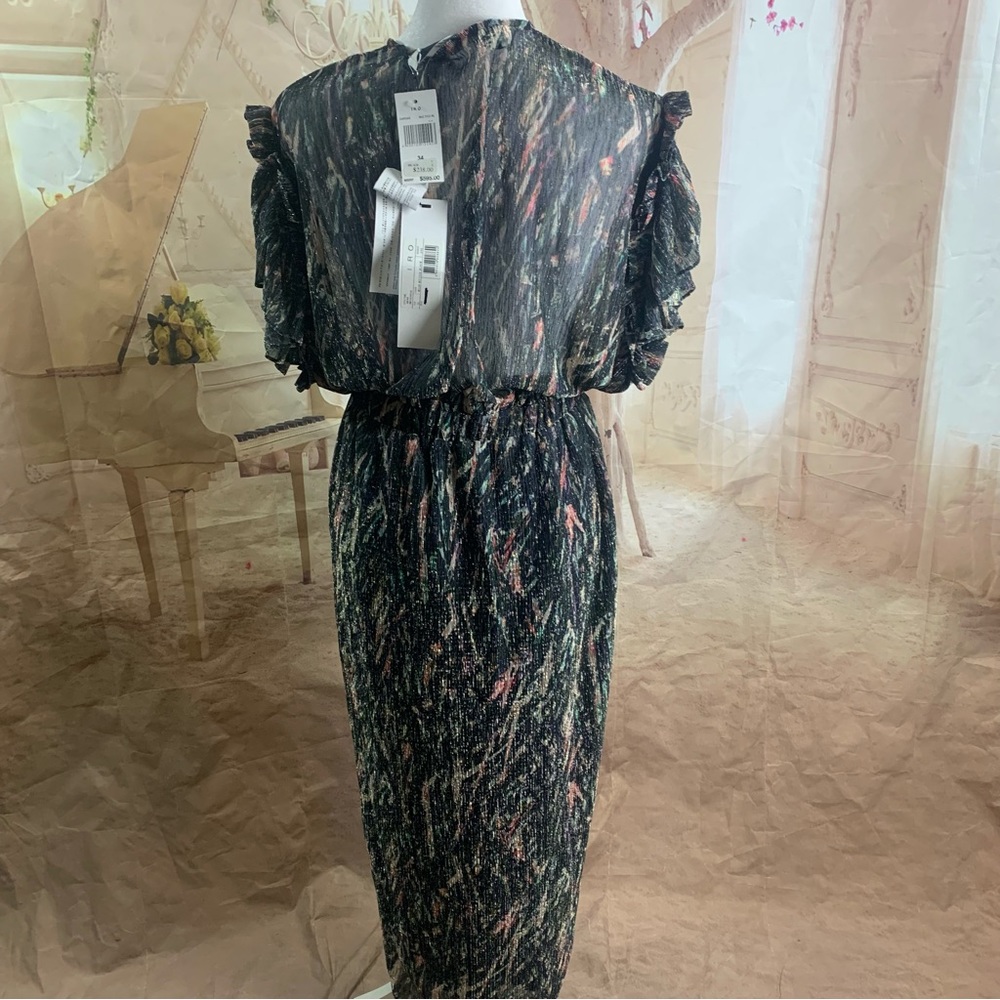 NEW IRO Gargas Wrap-effect Ruffled Printed lurex Sheer MIDI Dress - Picture 8 of 15